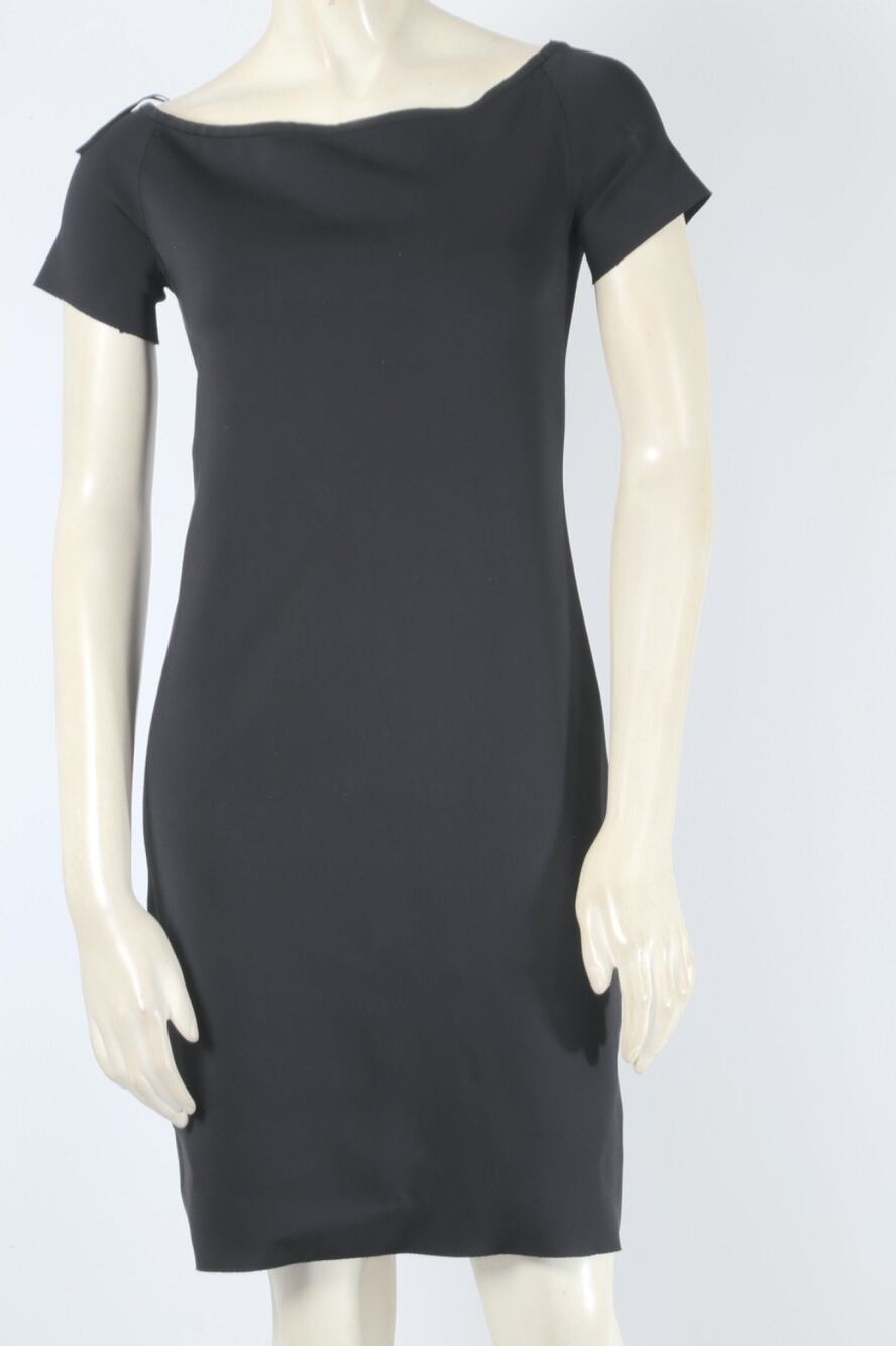 HELMUT LANG Black Asymmetric Off Shoulder Slash Neck Short Sleeve Sheath Dress S
